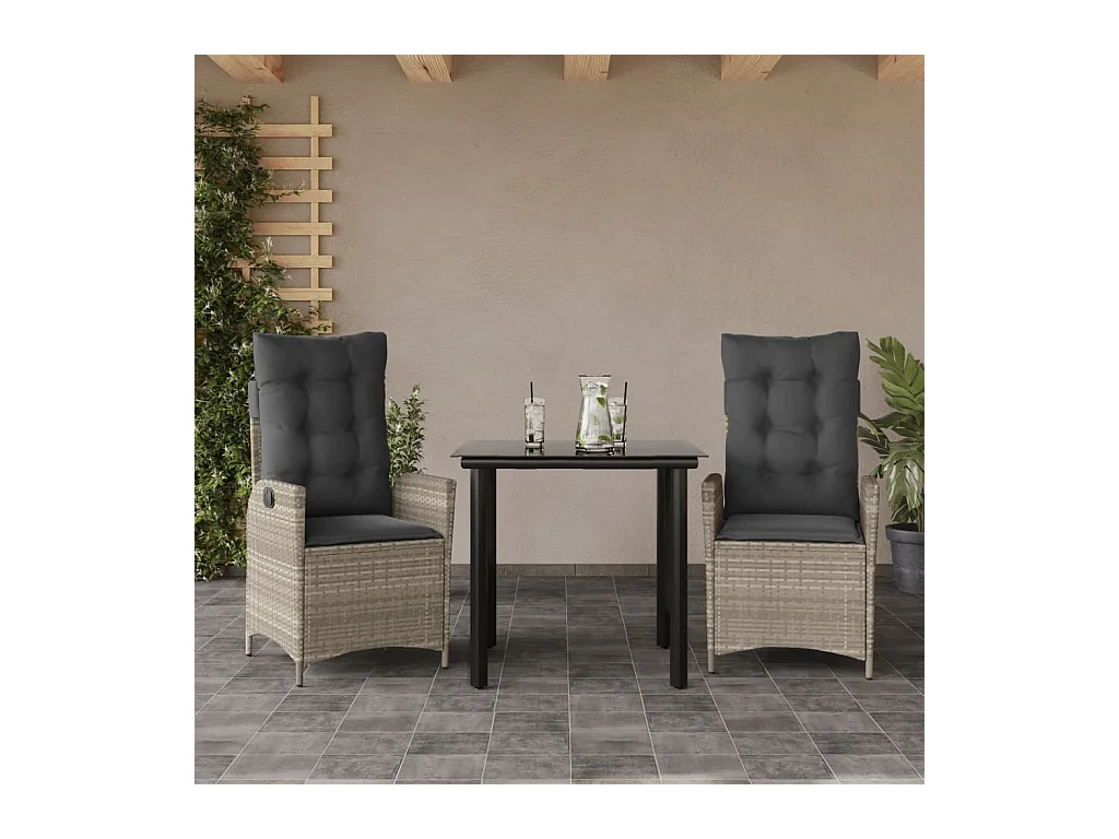 Ensemble à manger de jardin 3 pièces coussins gris clair poly rotin