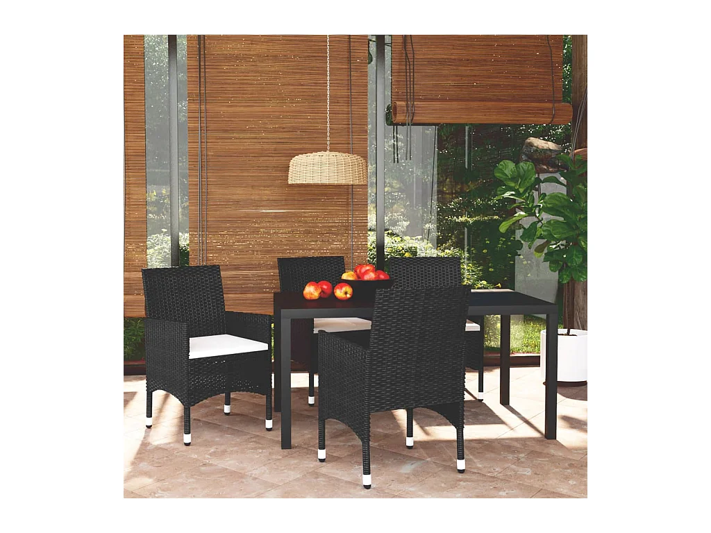 Mobilier à dîner de jardin et coussins 5 pièces Résine tressée Noir
