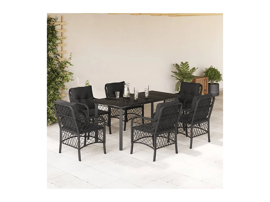Set de comedor de jardín 7 piezas y cojines ratán sintético negro