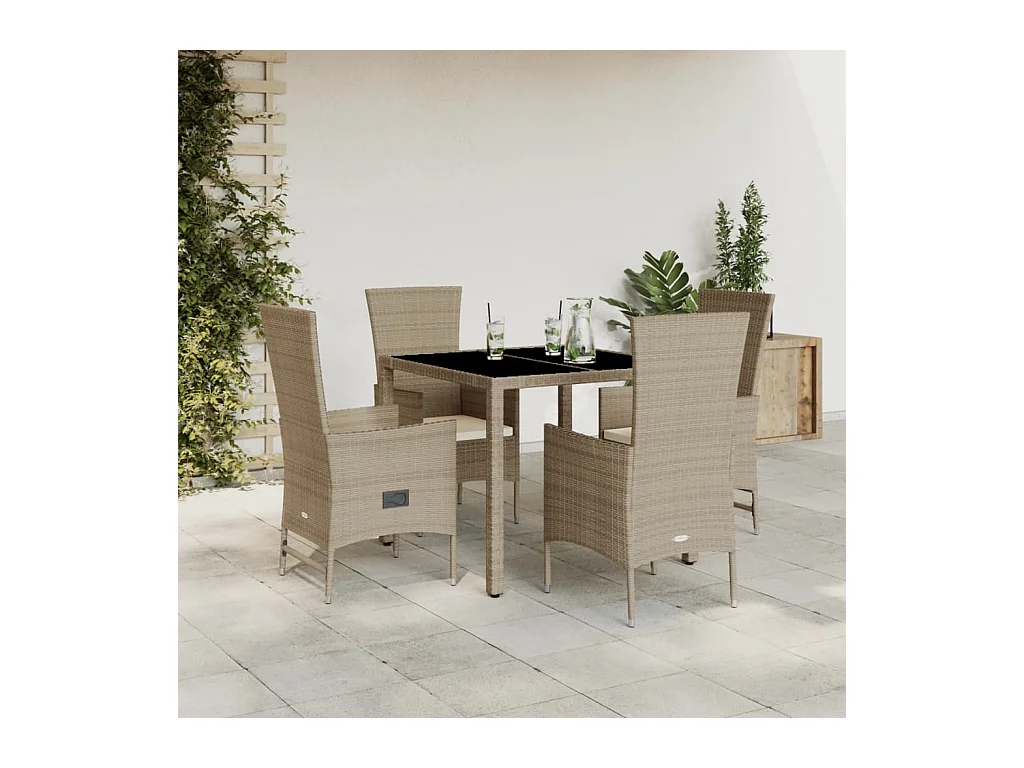 Ensemble à manger de jardin avec coussins 5 pièces Beige poly rotin