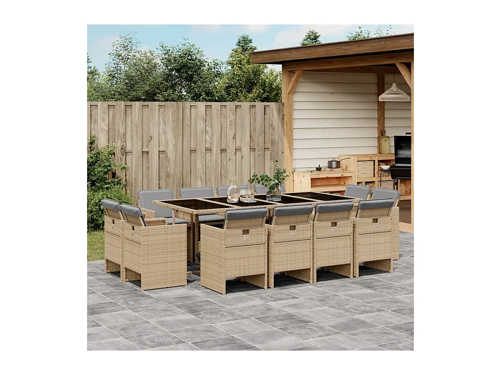Ensemble à manger de jardin coussins 13 pièces mélange beige rotin