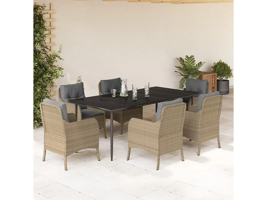 Ensemble à manger de jardin et coussins 7 pièces beige poly rotin