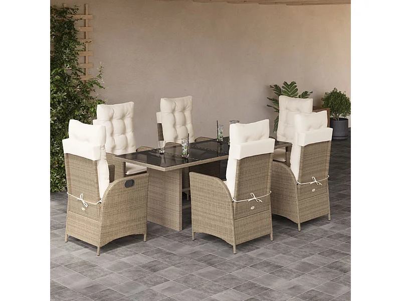 Ensemble à manger de jardin et coussins 7 pièces beige poly rotin
