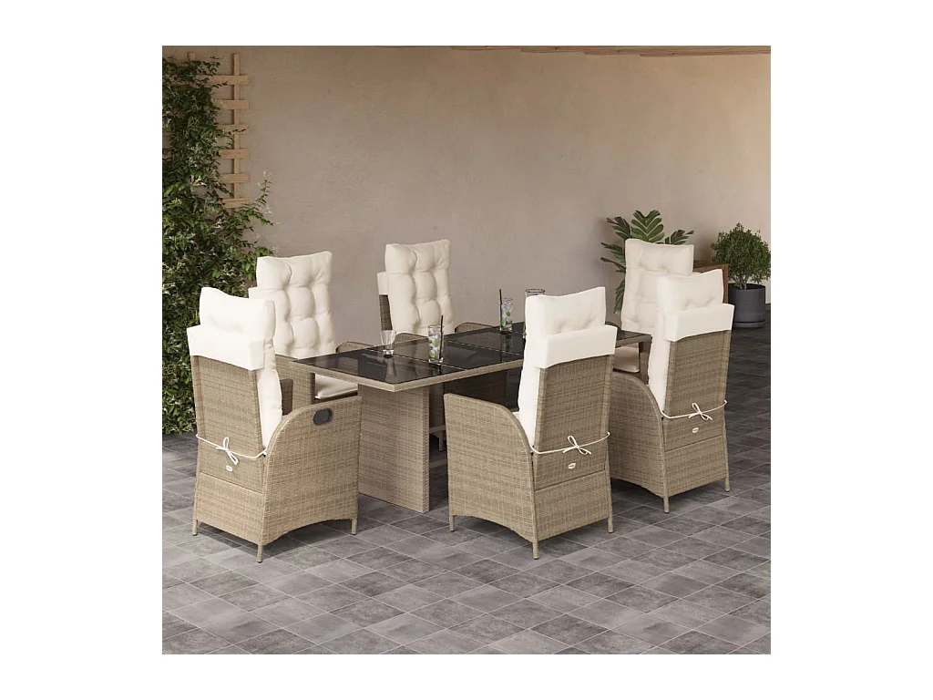 Ensemble à manger de jardin et coussins 7 pièces beige poly rotin