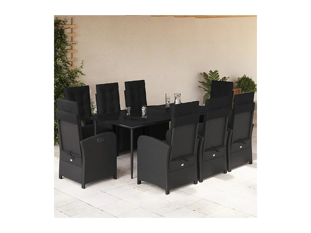 Ensemble à manger de jardin 9 pièces coussins noir résine tressée
