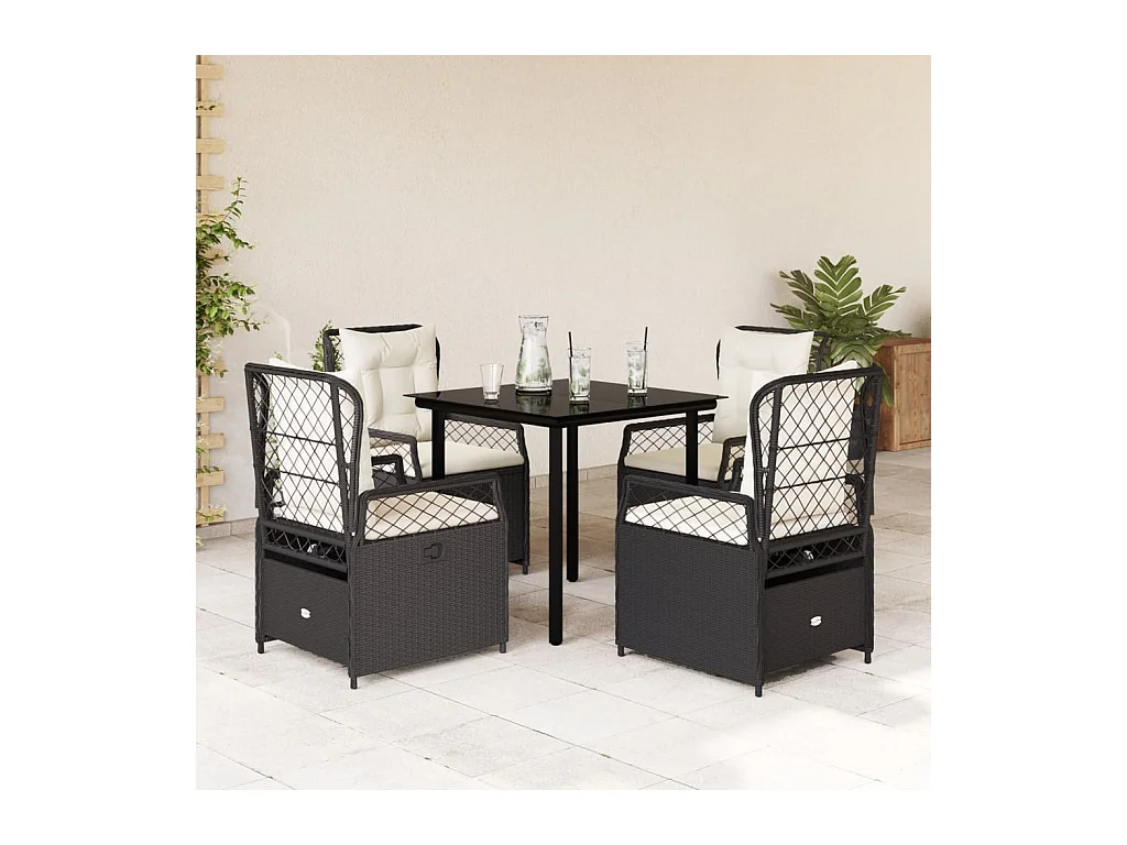 5 peças conjunto de jantar p/ jardim c/ almofadões vime PE preto