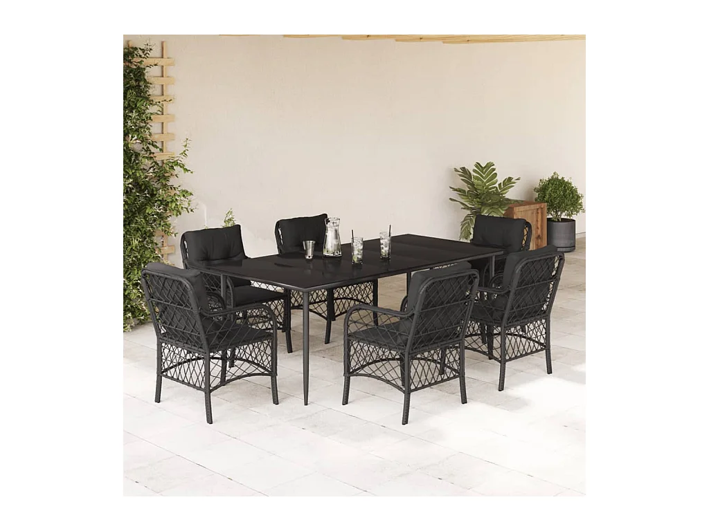 7 peças conjunto de jantar p/ jardim c/ almofadões vime PE preto