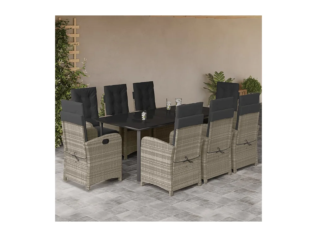 Ensemble à manger de jardin et coussins 9 pièces gris clair rotin