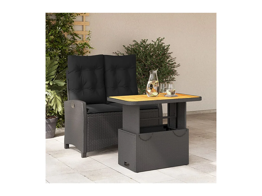 Set comedor de jardín 2 piezas con cojines ratán sintético negro