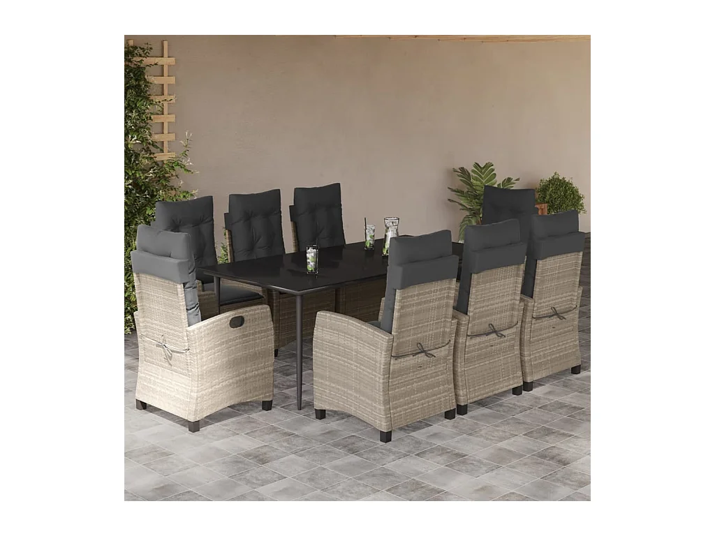 Ensemble à manger de jardin et coussins 9 pièces gris clair rotin