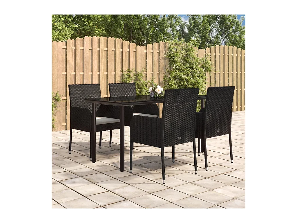 Mobilier à dîner de jardin et coussins 5 pièces Noir Résine tressée