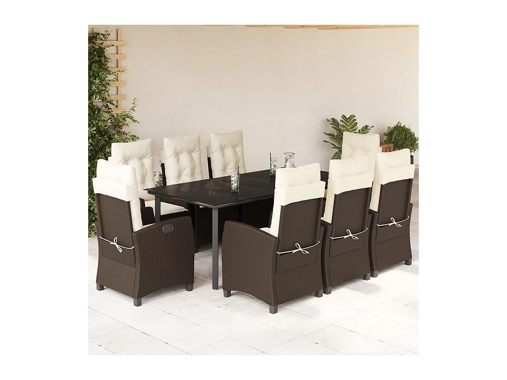 Ensemble à manger de jardin et coussins 9 pièces marron poly rotin