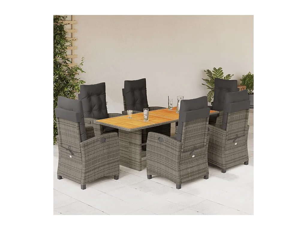 Ensemble à manger de jardin et coussins 7 pièces gris rotin