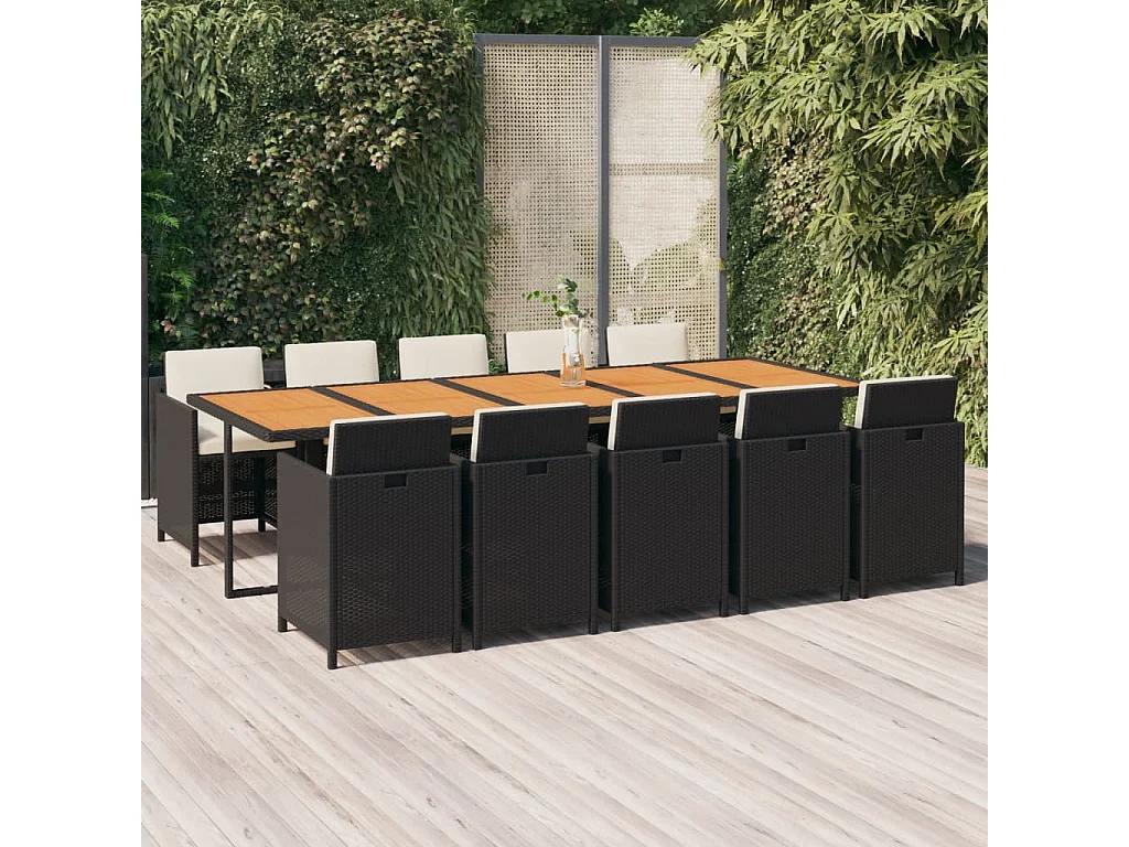 Ensemble à dîner de jardin coussins 11 pièces Résine tressée Noir