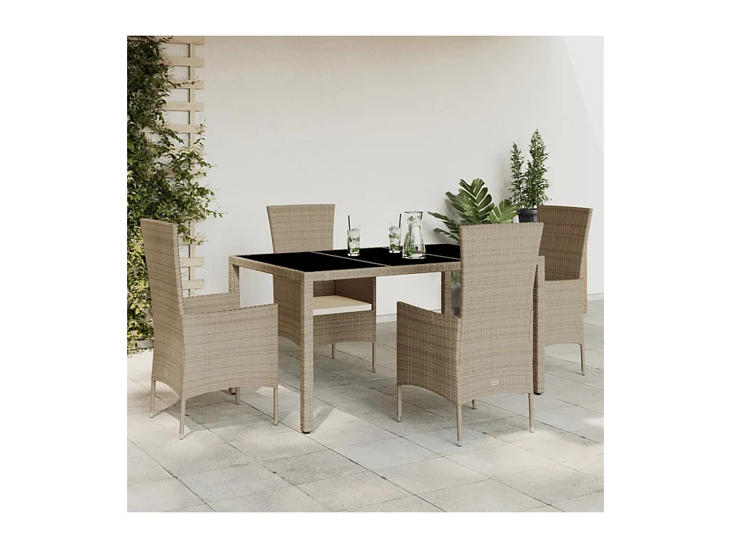 Ensemble à manger de jardin avec coussins 5 pièces Beige poly rotin
