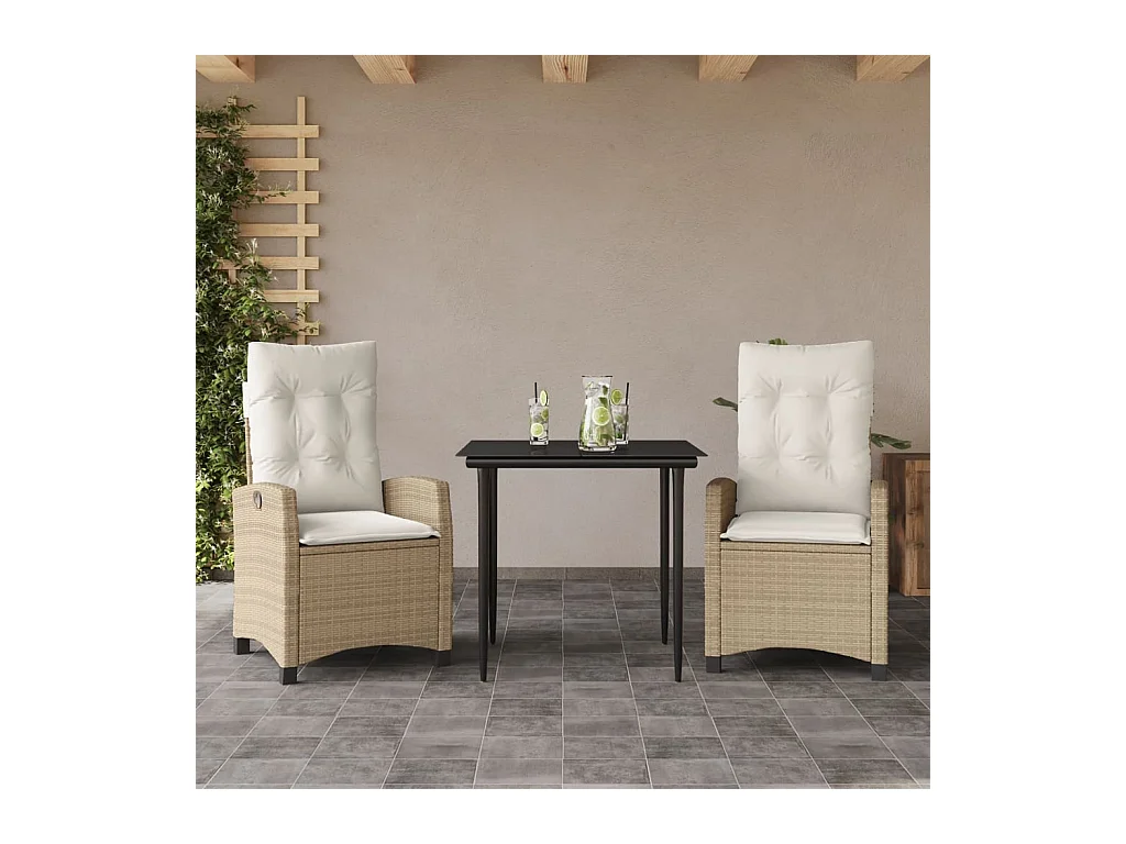 Ensemble à manger de jardin et coussins 3 pièces Beige poly rotin