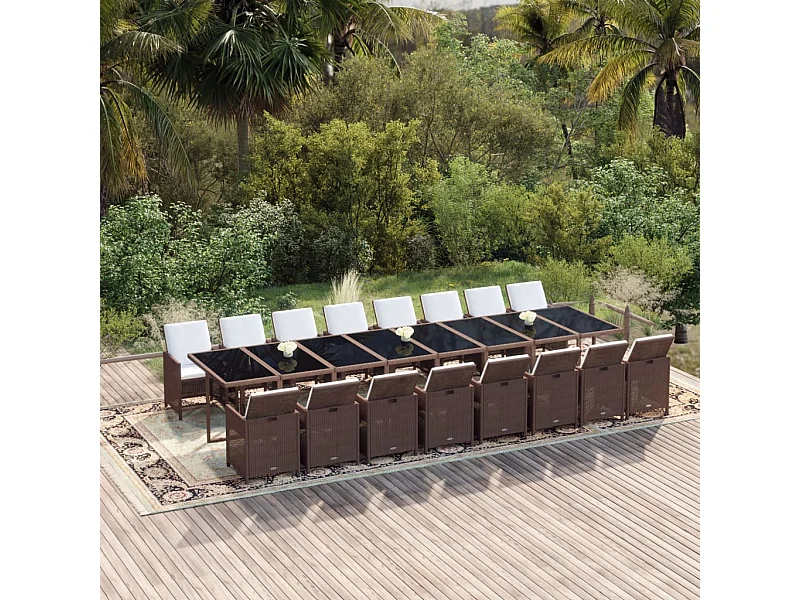 Ensemble à dîner de jardin coussins 17 pièces Marron Résine tressée