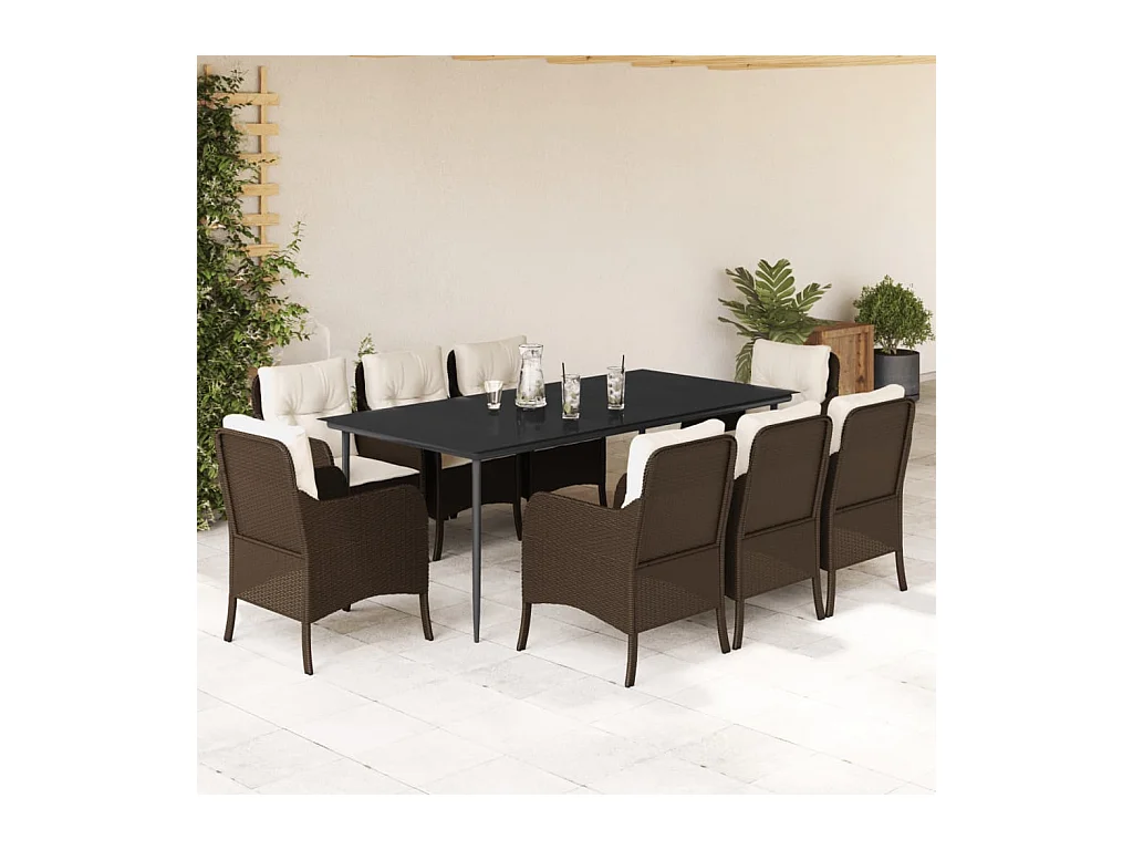 Ensemble à manger de jardin et coussins 9 pièces marron poly rotin