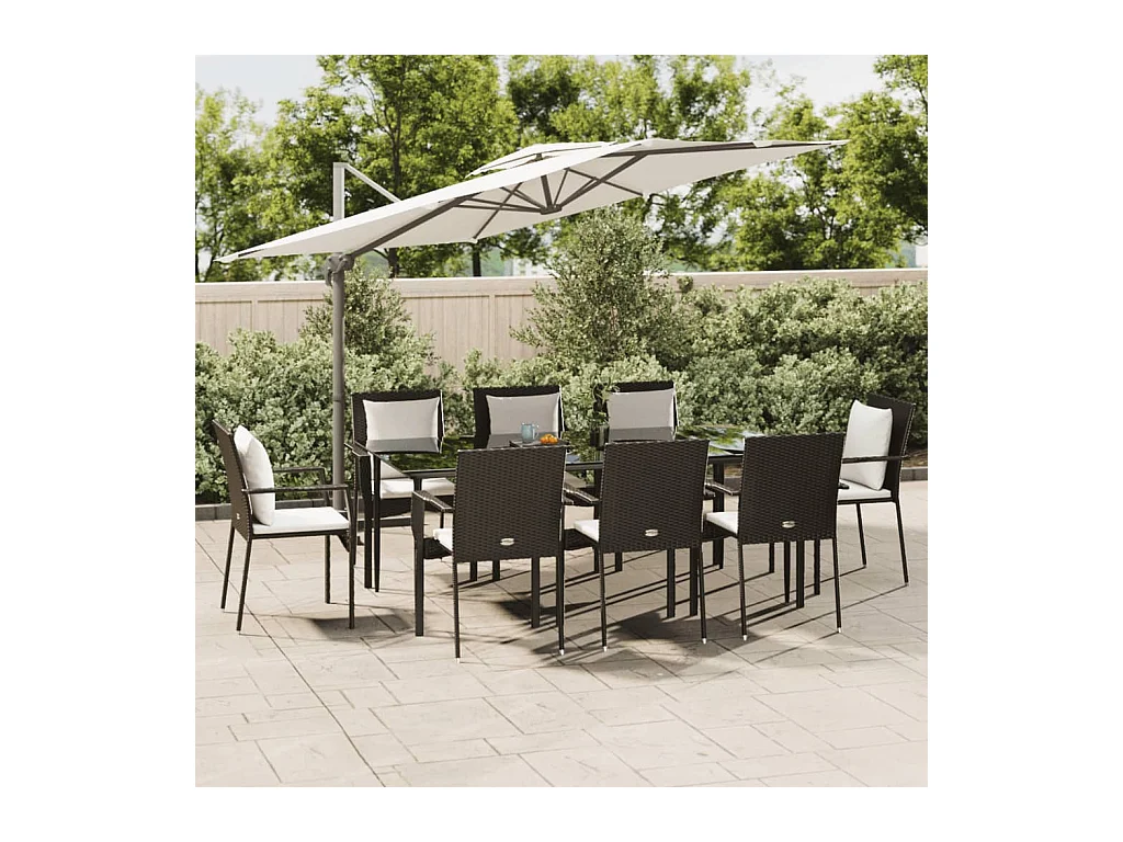 Mobilier à dîner de jardin 9 pièces et coussins noir résine tressée