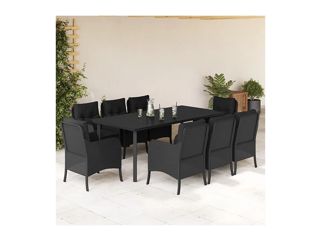 Ensemble à manger de jardin 9 pièces coussins noir résine tressée