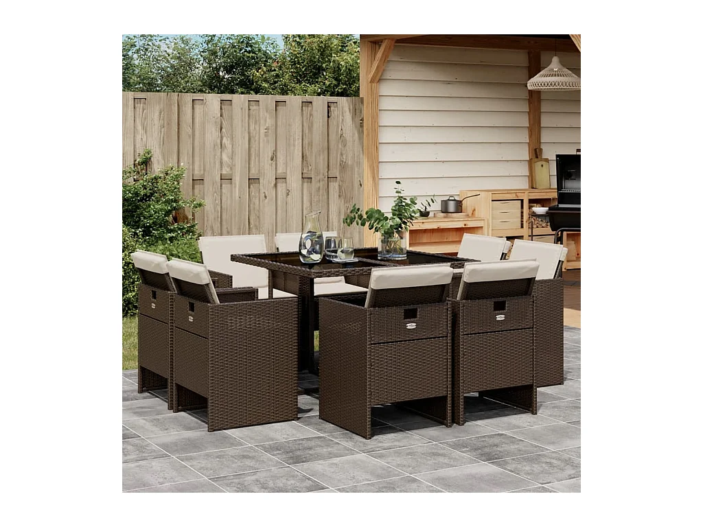 Ensemble à manger de jardin et coussins 9 pièces marron poly rotin