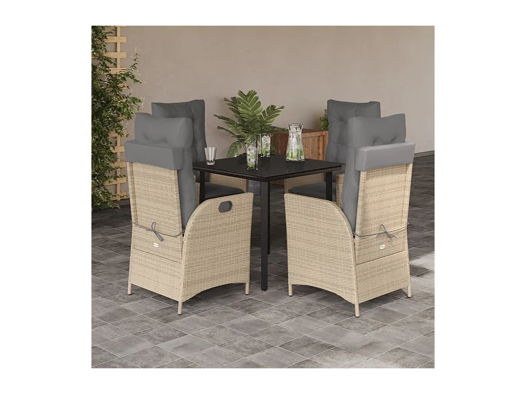 Ensemble à manger de jardin avec coussins 5 pièces Beige poly rotin