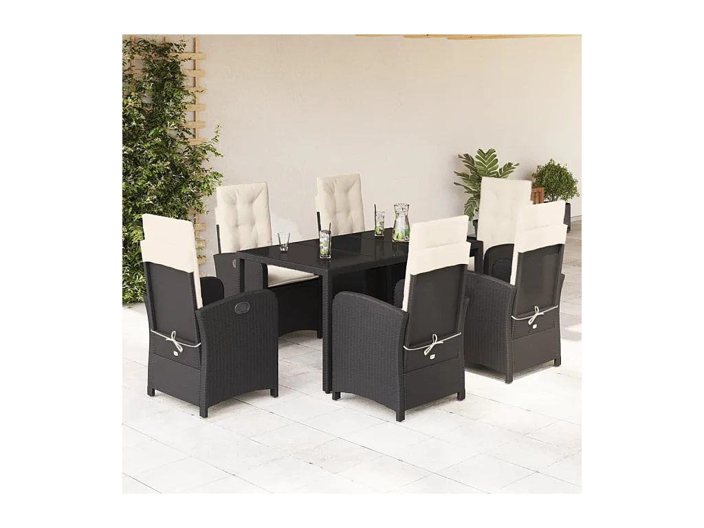 Ensemble à manger de jardin coussins 7 pièces Noir Résine tressée