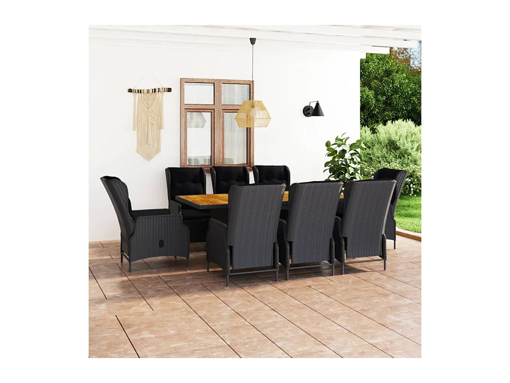 Mobilier à dîner 9 pièces avec coussins Résine tressée Gris foncé