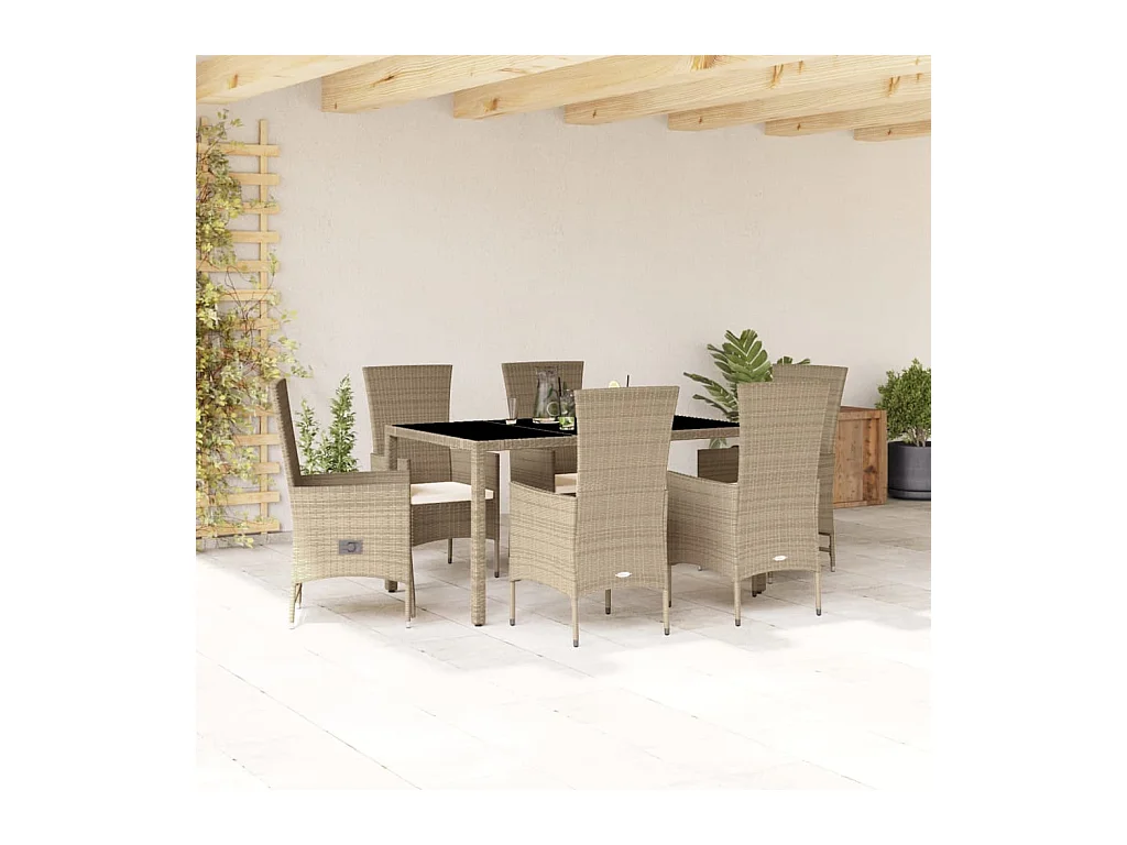 Ensemble à manger de jardin et coussins 7 pièces beige poly rotin