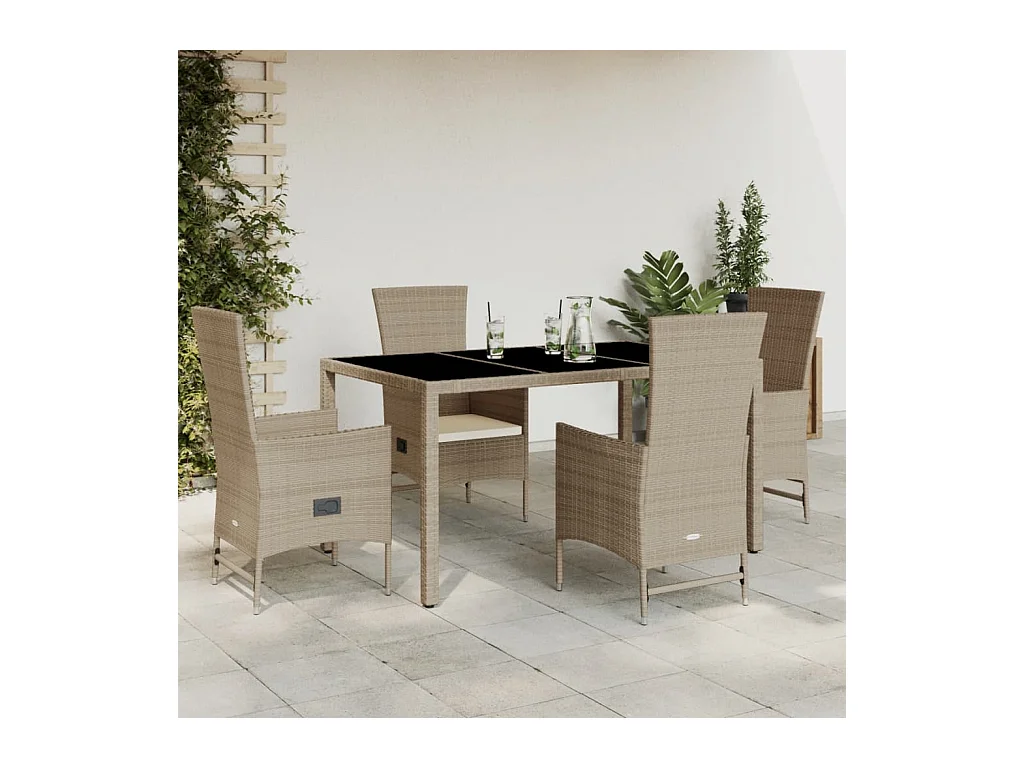 Ensemble à manger de jardin avec coussins 5 pièces Beige poly rotin