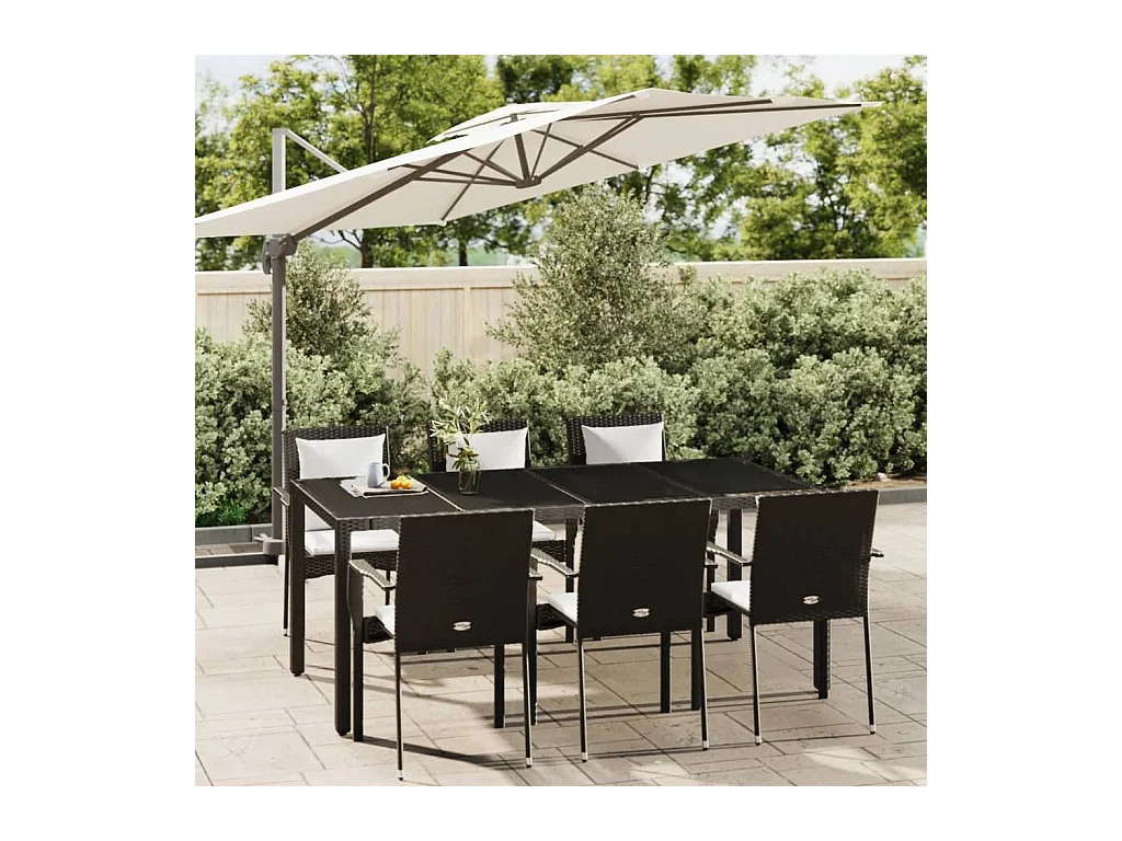 Set de comedor de jardín 7 piezas y cojines ratán sintético negro