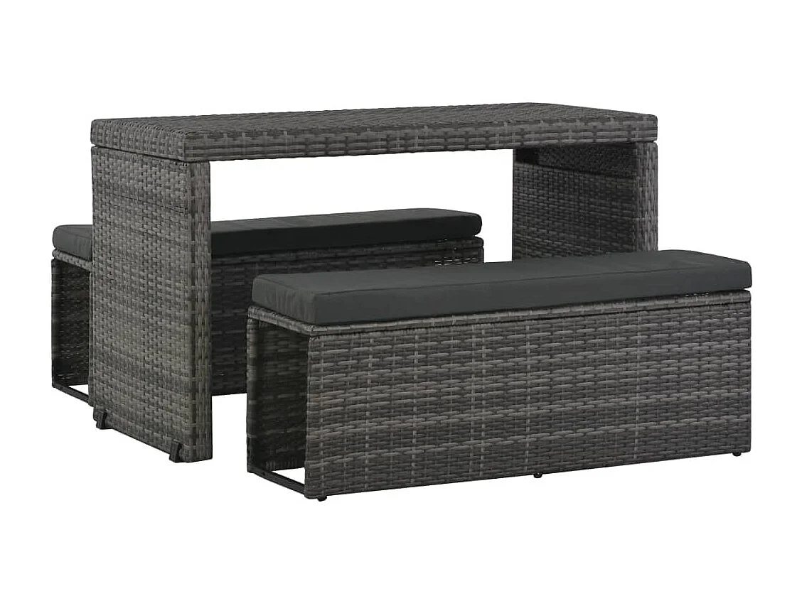 Mobilier à dîner de jardin 3 pièces et coussins Résine tressée Gris