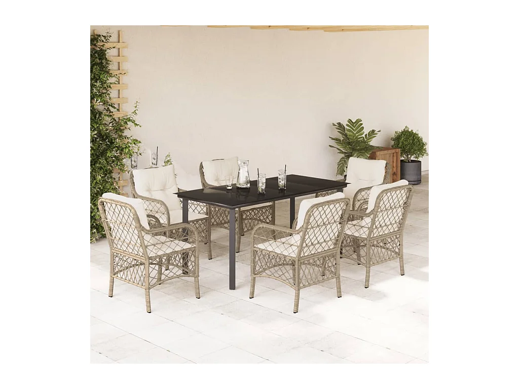 Ensemble à manger de jardin et coussins 7 pièces beige poly rotin