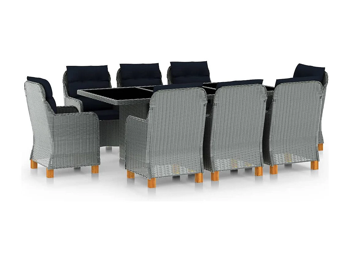 9 peças conj. jantar exterior + almofadões vime PE cinzento-claro