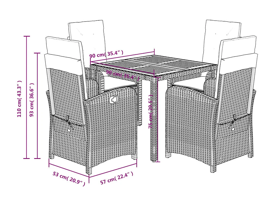 Set comedor de jardín 5 piezas con cojines ratán sintético gris