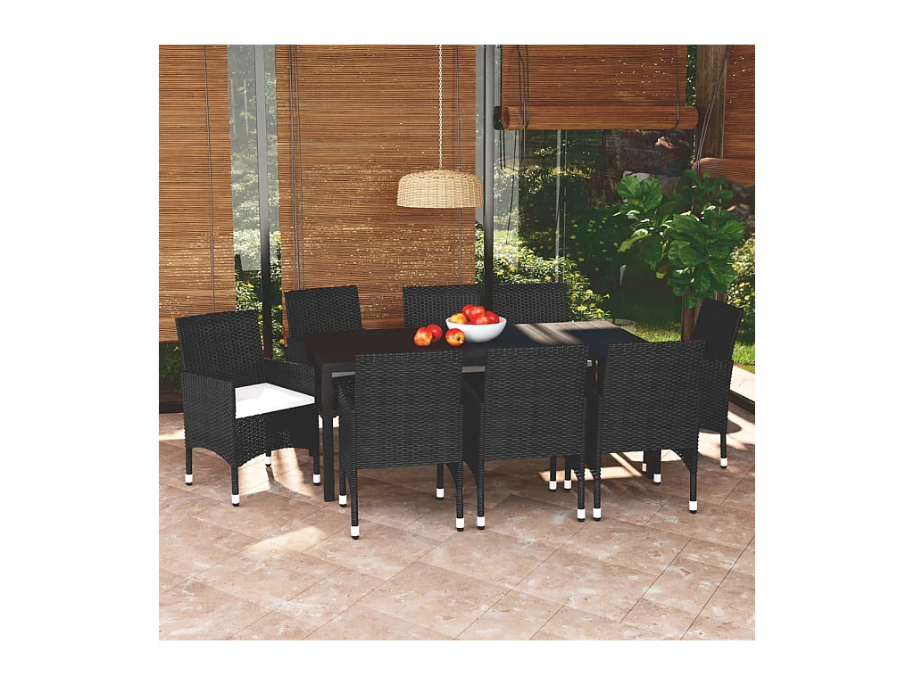 Mobilier à dîner de jardin et coussins 9 pièces Résine tressée Noir