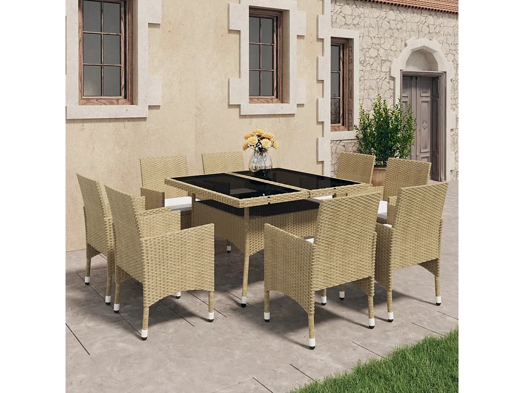 9 peças conjunto de jantar para jardim vidro e vime PE bege