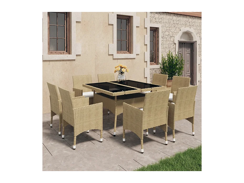 Ensemble à dîner de jardin 9 pièces Résine tressée et verre Beige