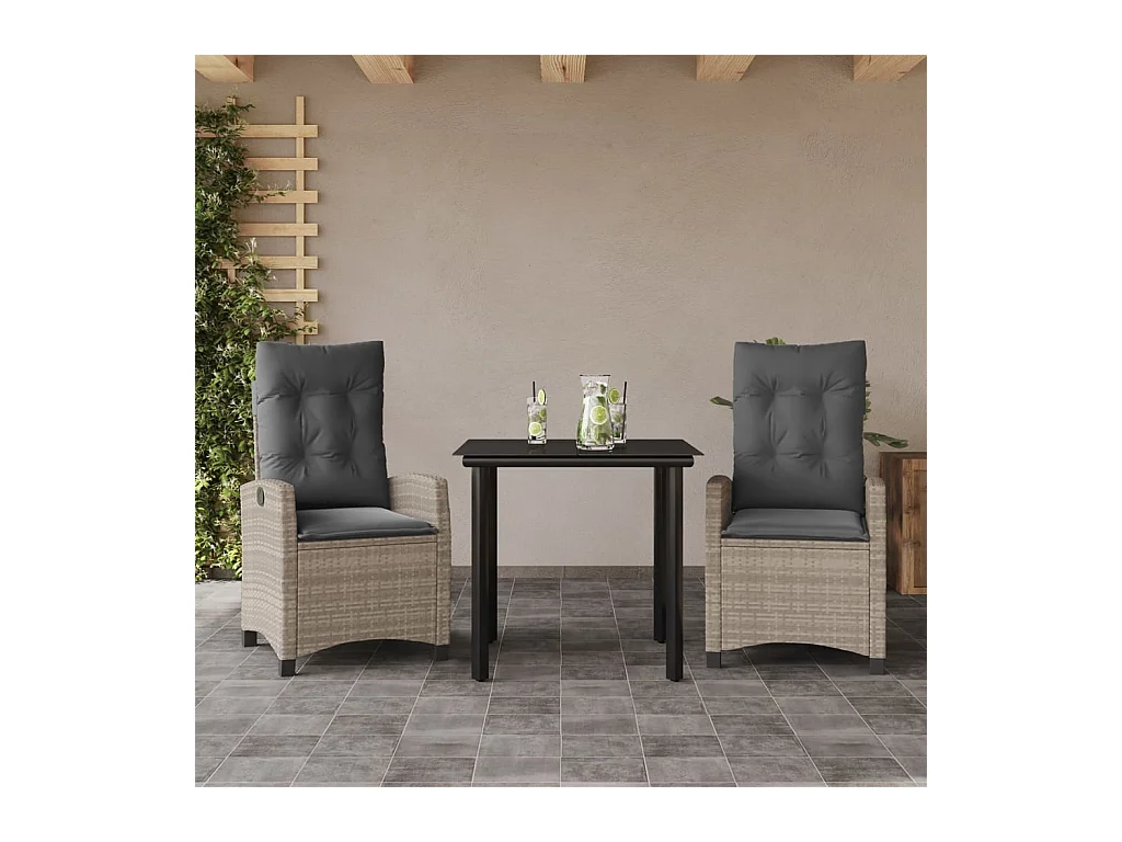 Ensemble à manger de jardin 3 pièces coussins gris clair poly rotin
