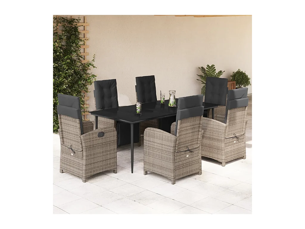 7 peças conjunto de jantar p/ jardim c/ almofadões vime PE cinza