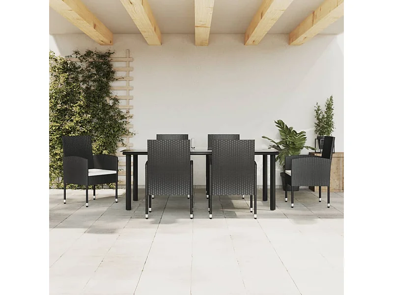 7 peças conjunto de jantar para jardim vime PE e aço preto