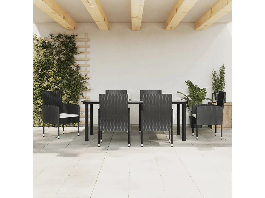 7 peças conjunto de jantar para jardim vime PE e aço preto