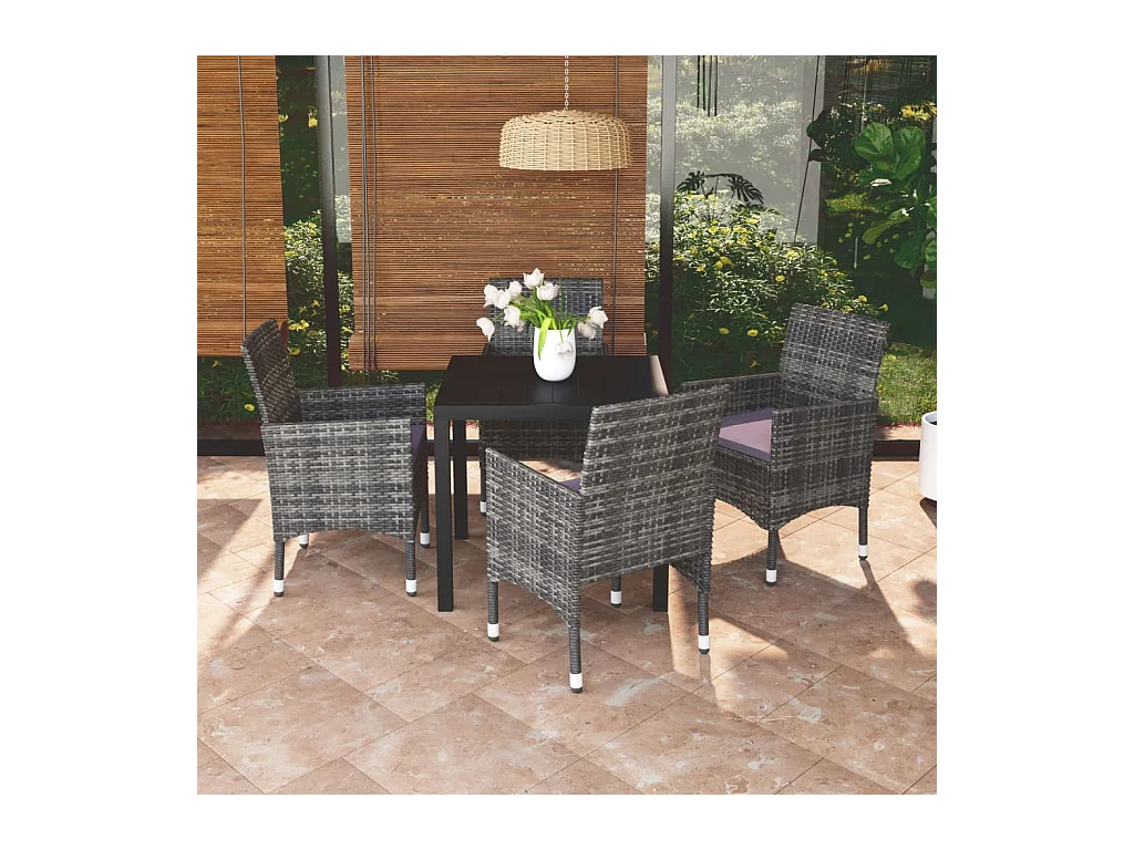 Mobilier à dîner de jardin et coussins 5 pièces Résine tressée Gris
