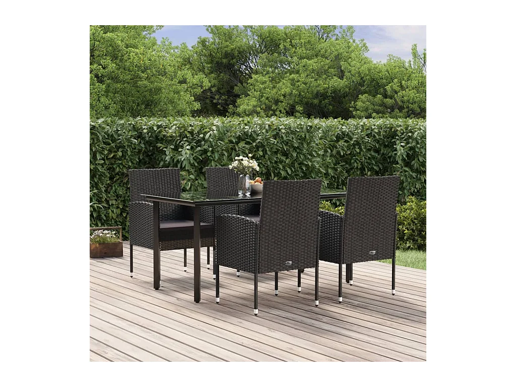 Mobilier à dîner de jardin et coussins 5 pièces Noir Résine tressée