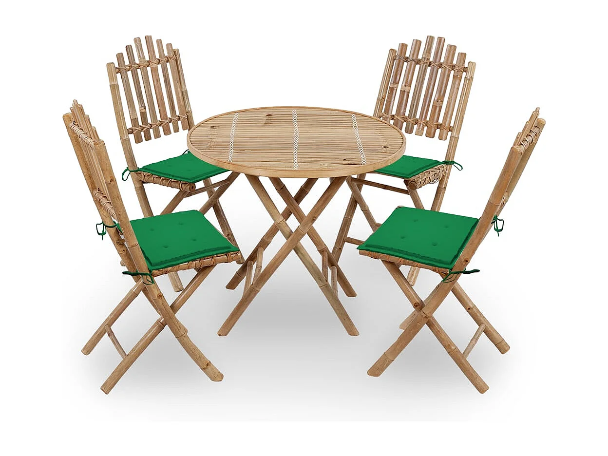 Juego de comedor de jardín plegable 5 piezas bambú con cojines