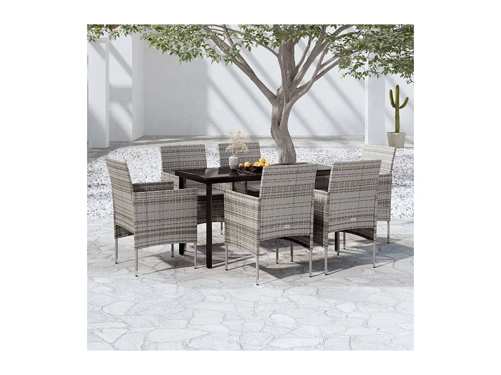 Juego de comedor de jardín 7 piezas con cojines gris y negro