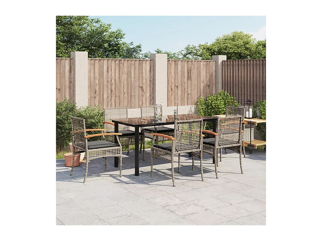 Set comedor jardín 7 piezas y cojines ratán sintético gris