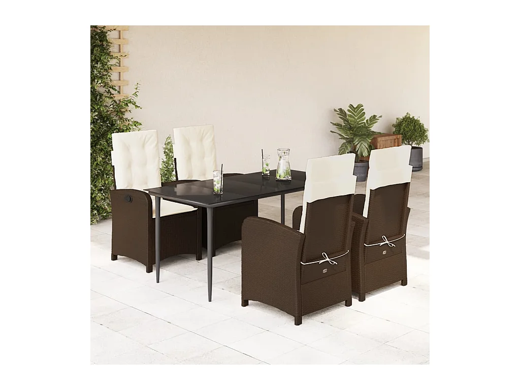 Ensemble à manger de jardin 5 pièces et coussins marron poly rotin