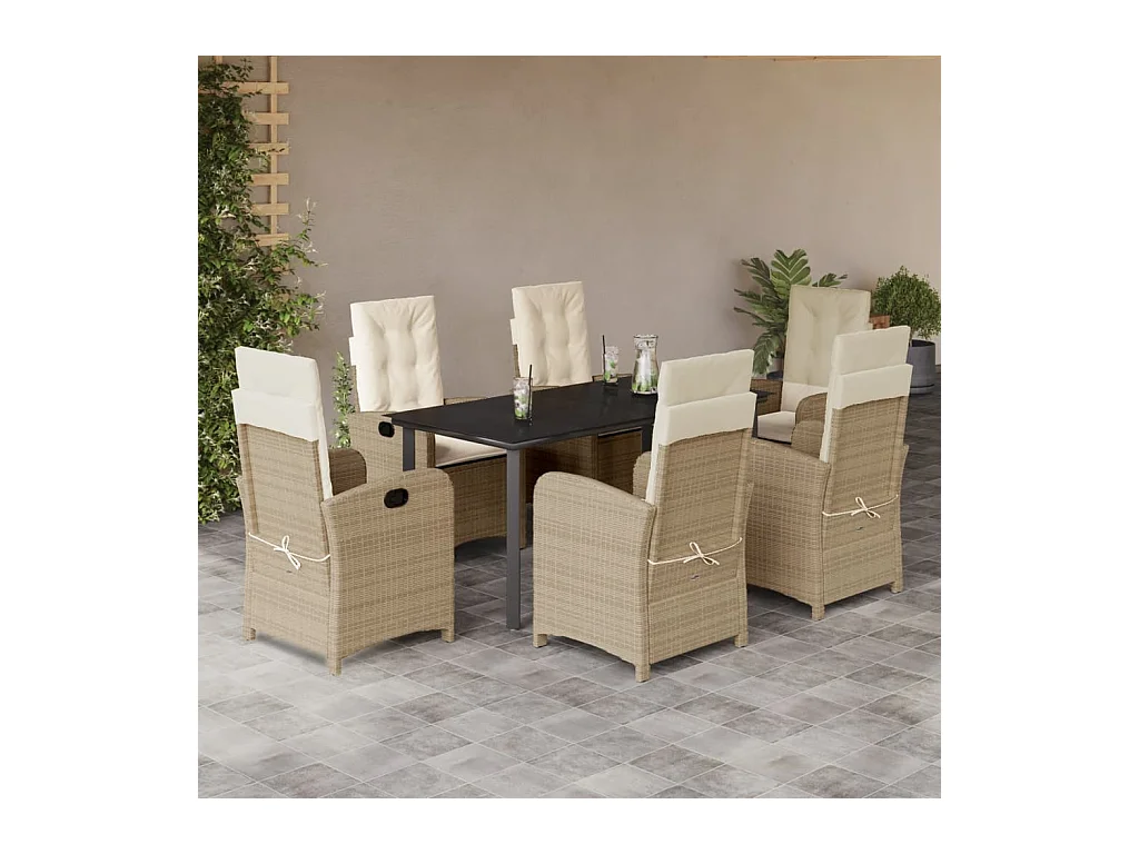Ensemble à manger de jardin et coussins 7 pièces beige poly rotin