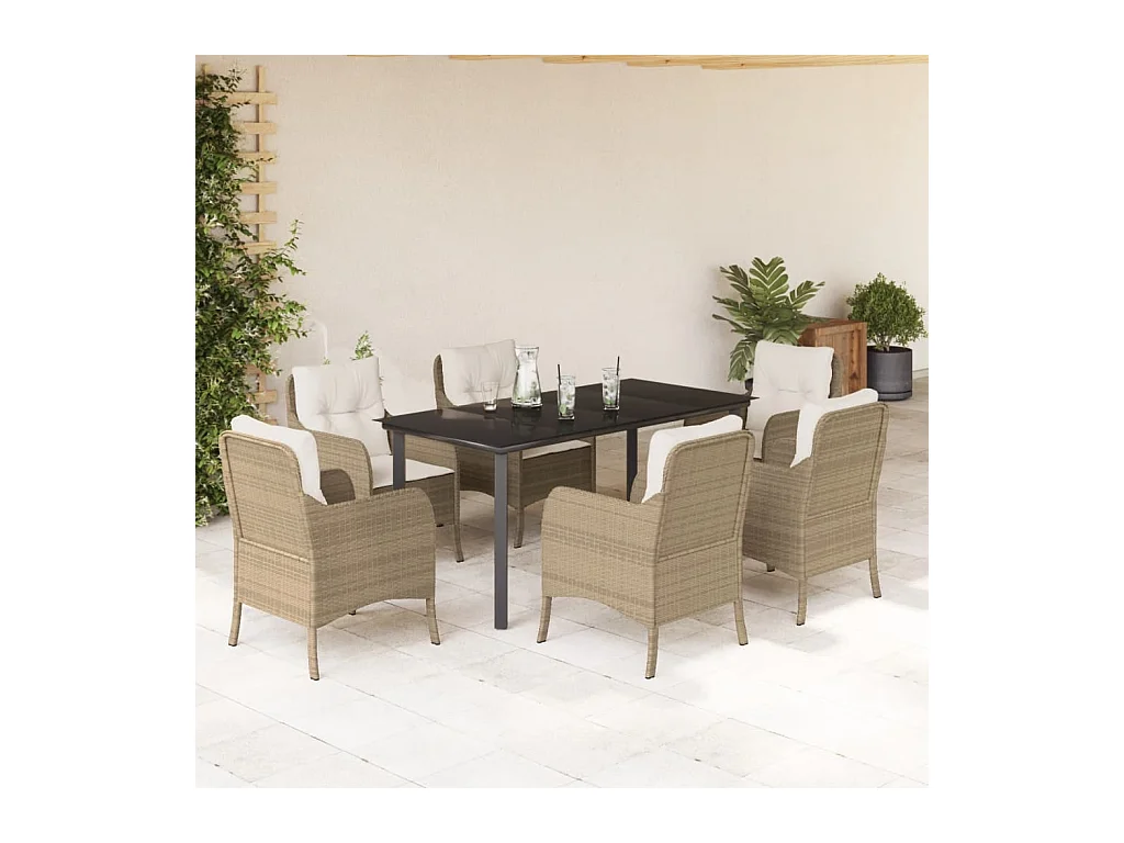 Ensemble à manger de jardin et coussins 7 pièces beige poly rotin